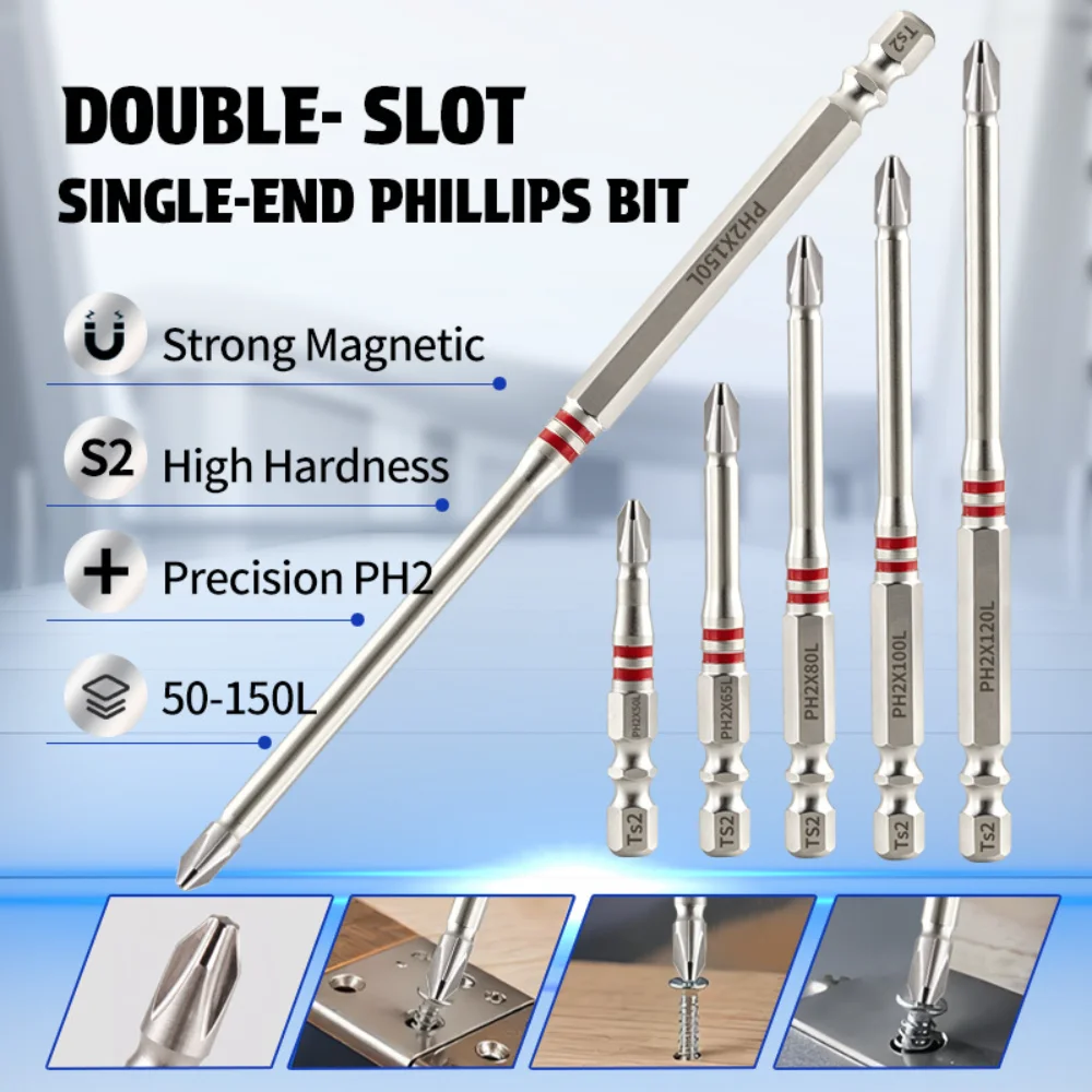 S2 Steel Magnetic Phillips Screwdriver Bit Single End PH2 Cross Bit 50-150mm Length for Impact Driver Hand Tools