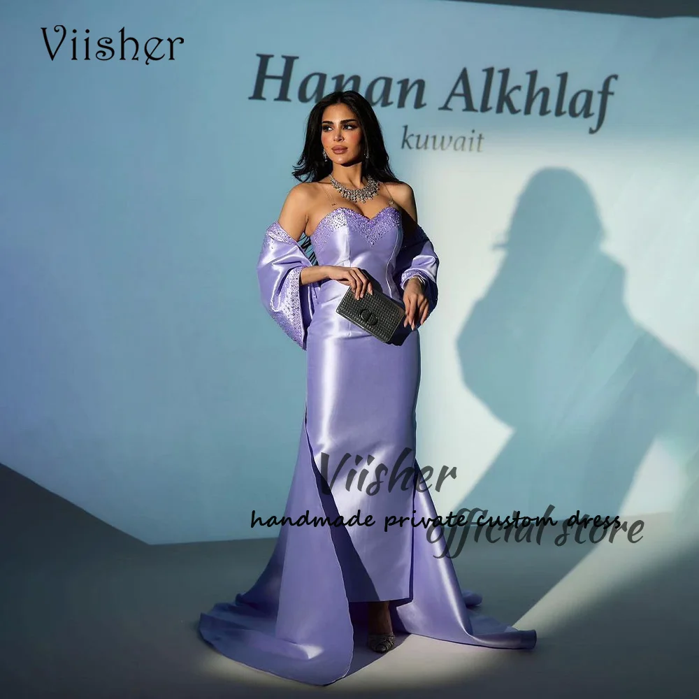 

Viisher Lavender Satin Mermaid Evening Dresses Beads Sweetheart Luxury Celebrate Event Dress with Jacket Formal Gowns