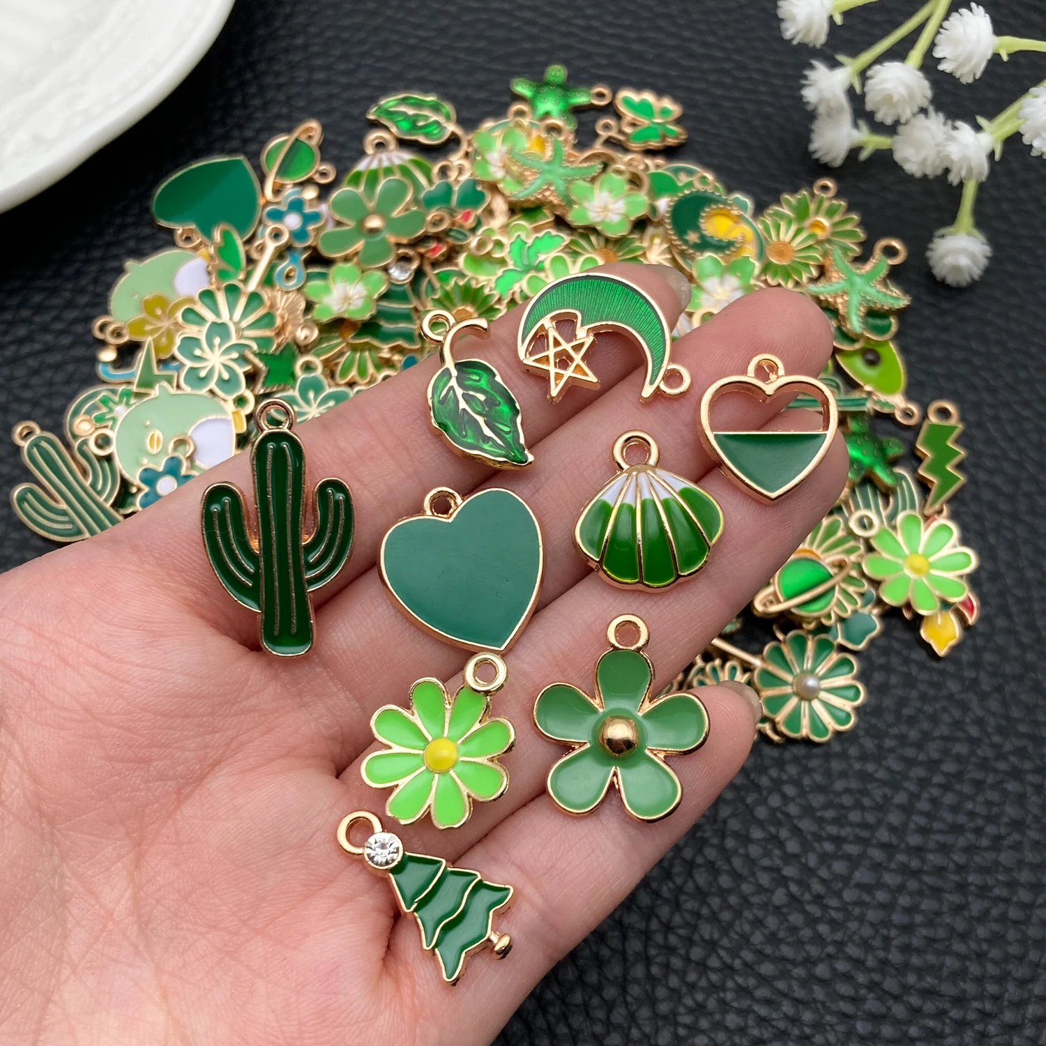 

20/50/100pcs Forest Green Enamel Charm Collection! (Flowers, Clovers & Cacti) - Perfect for DIY Bracelets & Necklaces