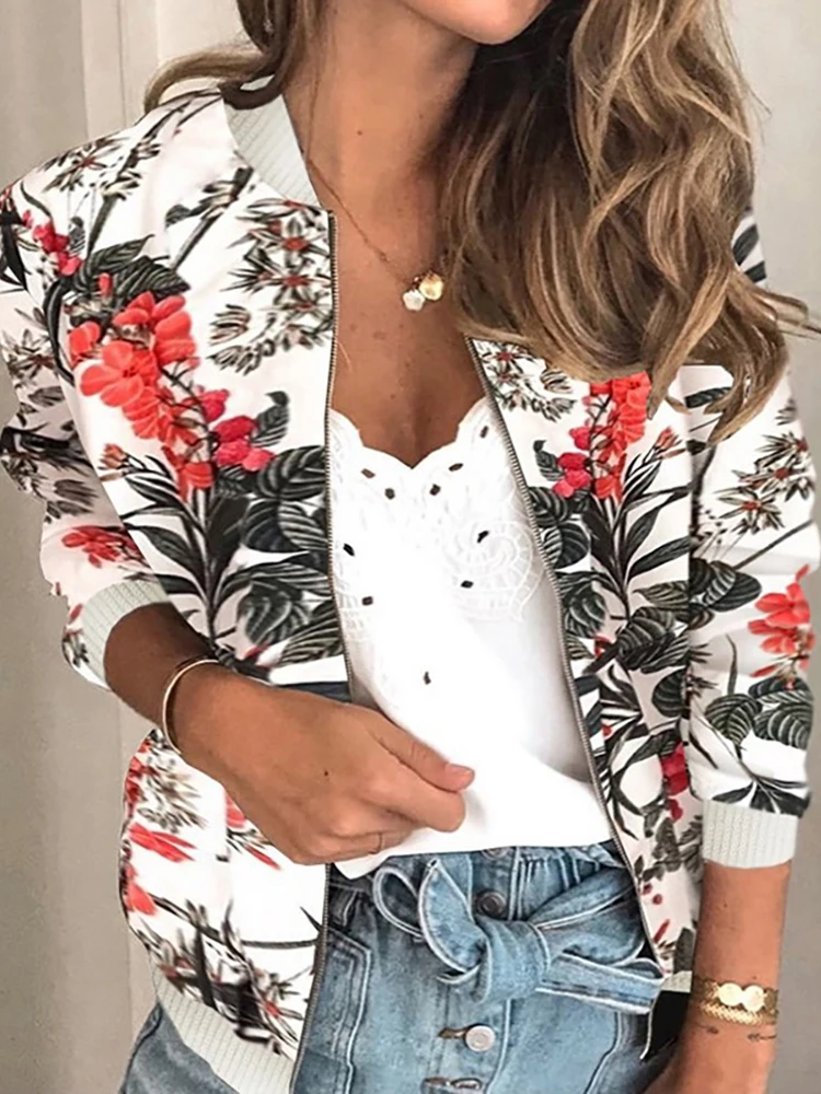 O-Neck Bomber Short Jackets New Fashion 2023 Autumn Women\'s Pockets Zipper Long Sleeve Coat Female Flower Printed White Jacket