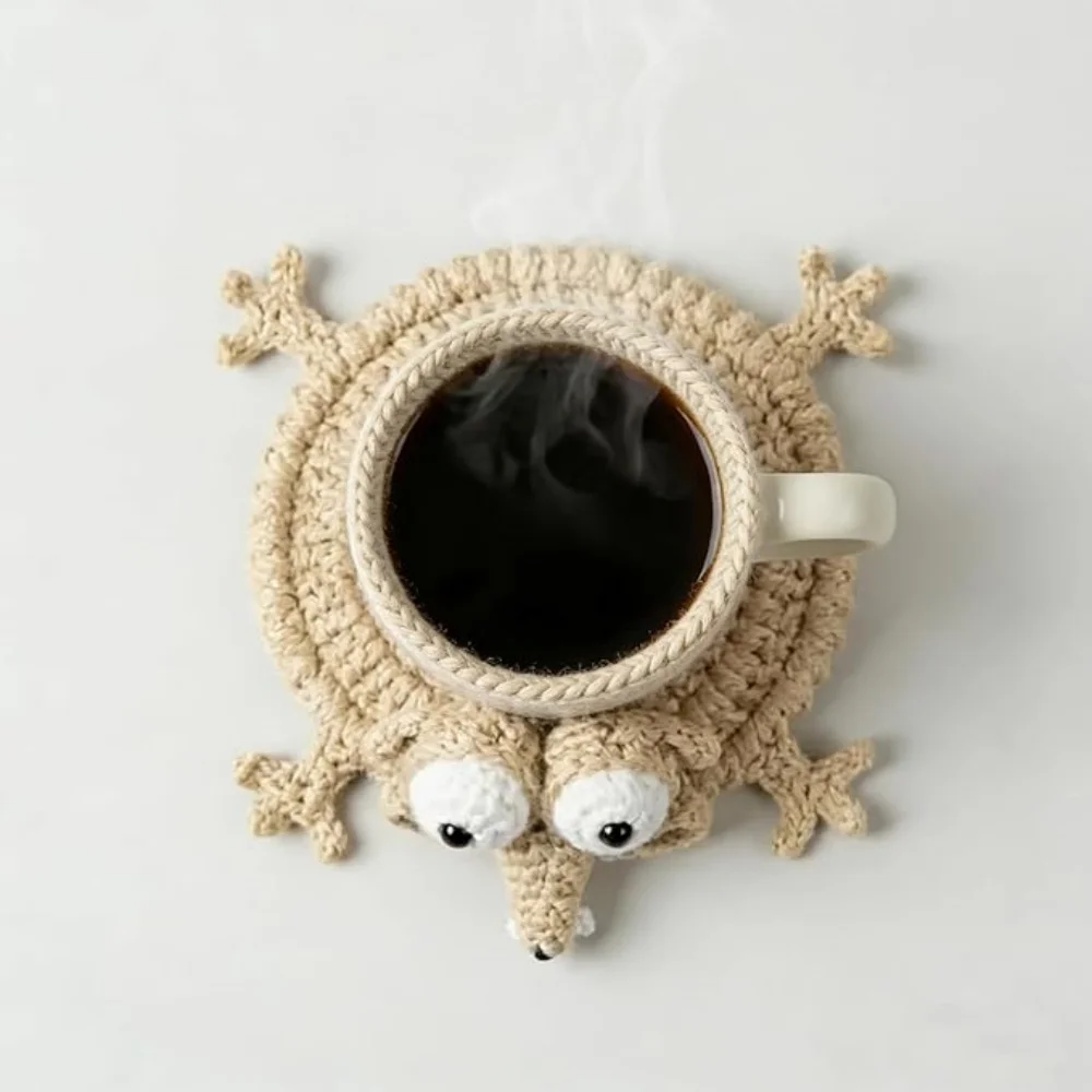 Funny Crochet Squirrel Coasters, Funny Woven Coaster, Cute Squirrel Shaped Mug Cup Mat, Cute Knitted Desk Accessories