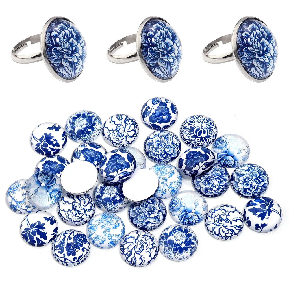 10pcs Blue and White Porcelain Glass Cabochon Beads Chinese Style Glass Cabochon Beads For Diy Jewelry Ring Necklace Accessories