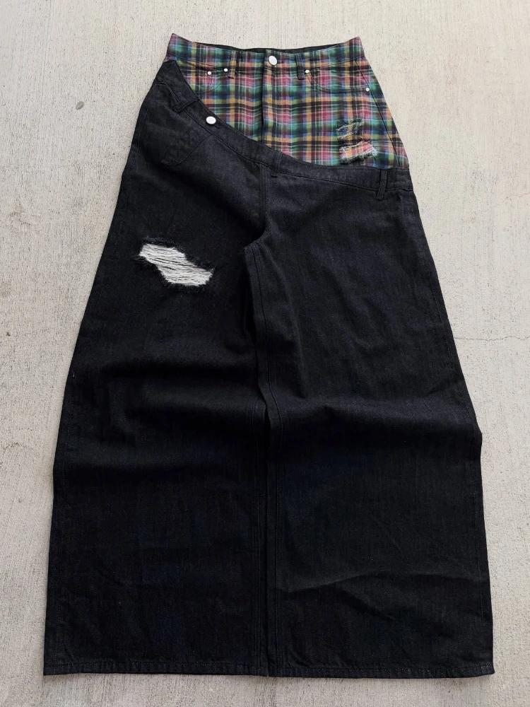 Y2K Trendy Slanted Runway Denim Black Plaid Pattern Printed Denim Pants High Street Streetwear Unisex Wide Leg Baggy Fit Jeans