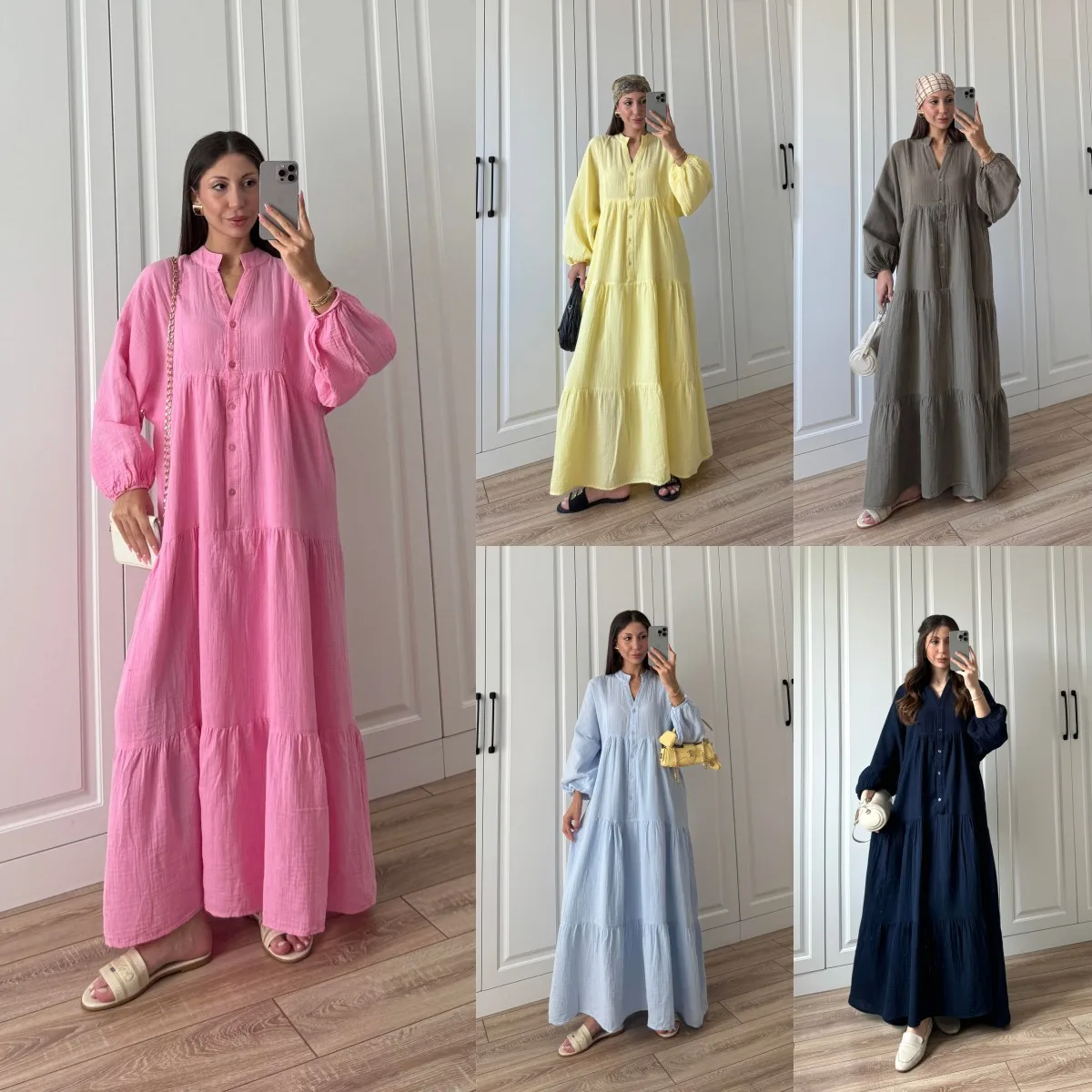 

SKMY 2025 New Women's Clothing Loose Solid Color Vacation Outfits Long Dresses Casual Button Fashion Long Sleeve Dress Party