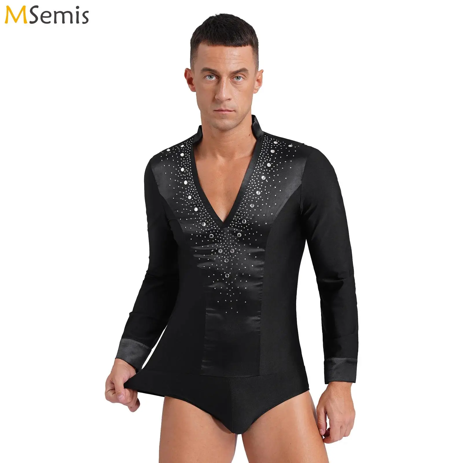 

Men's Jazz Latin Dance Leotard Long Sleeve Shiny Rhinestones Figure Skating Stage Performance Ballroom Cha Cha Dancewear Costume