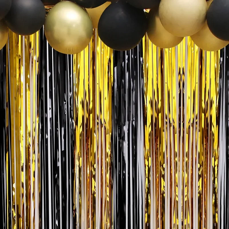 Black Gold Birthday Party Decorations Backdrop Curtains Glitter Tinsel Fringe Foil Curtain Background Wedding Adult Anniversary