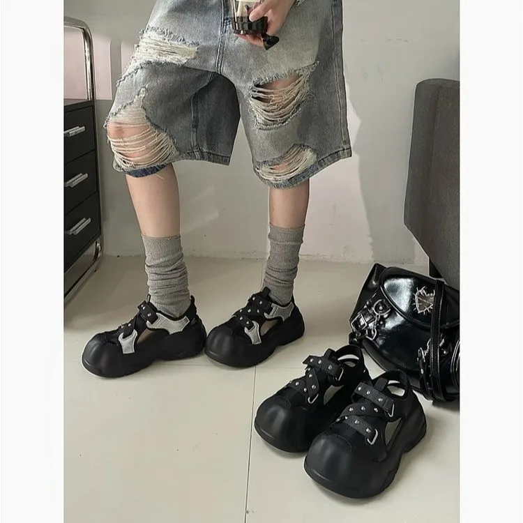 

Y2K Women's Punk Platform Mary Jane Sandals Closed Toe Hollow Out Thick Sole Rivet Buckle Casual Streetwear Shoes Black White
