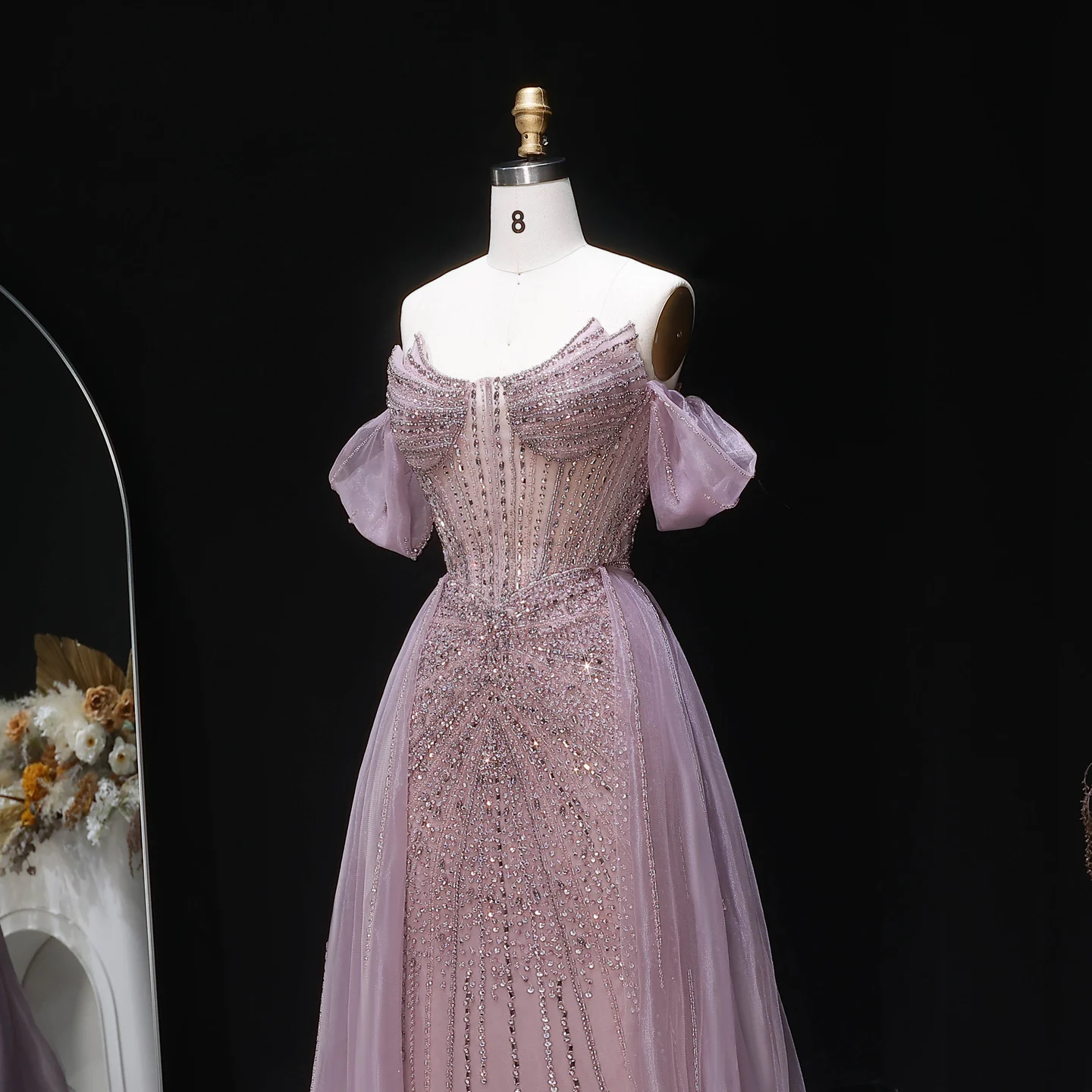Sharon Said Elegantes Schulterfreies Abendkleid mit Überrock, Luxuriöses Perlenbesetztes Meerjungfrauenkleid für Arabische Damen, Formelle Partykleider SS120 Maßanfertigung – Detail 6