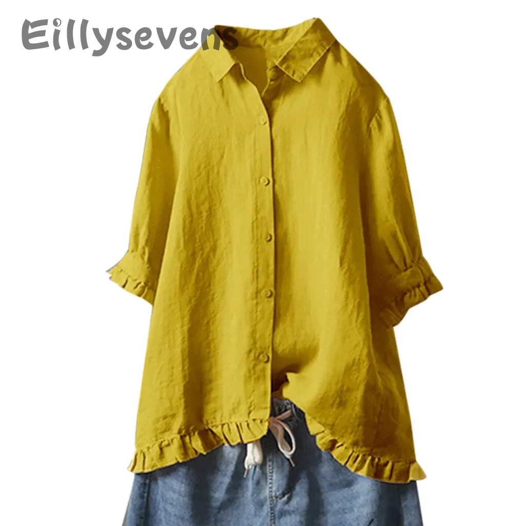 Women\'s Cotton And Linen shirt Solid Color lapel Button Up Shirt Upper Hem Short Sleeve Loose and casual Top Autumn Streetwear