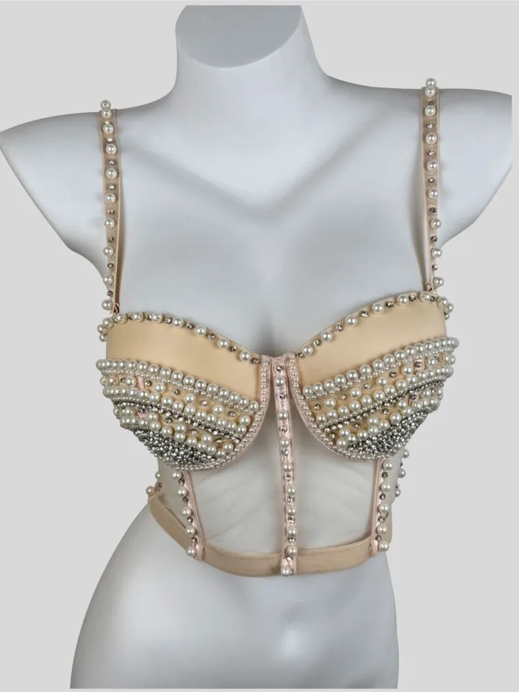 Rhinestones Female Corset Top Women Camis Nightclub Pearls Short Chest Binder Sexy Camisole Mujer Lingerie Tube Bra Debardeur