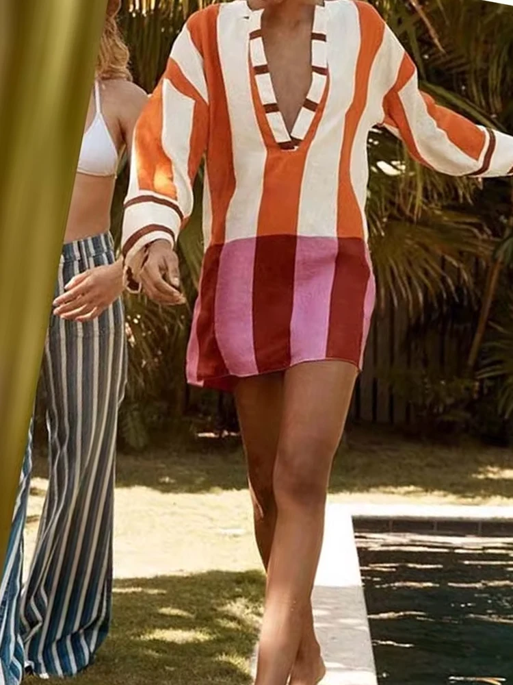 2025 vestido bohemio con estampado de patrón elegante, Vestido corto de fiesta de manga larga a la moda, minivestido holgado sexi con cuello en V y cintura alta para mujer