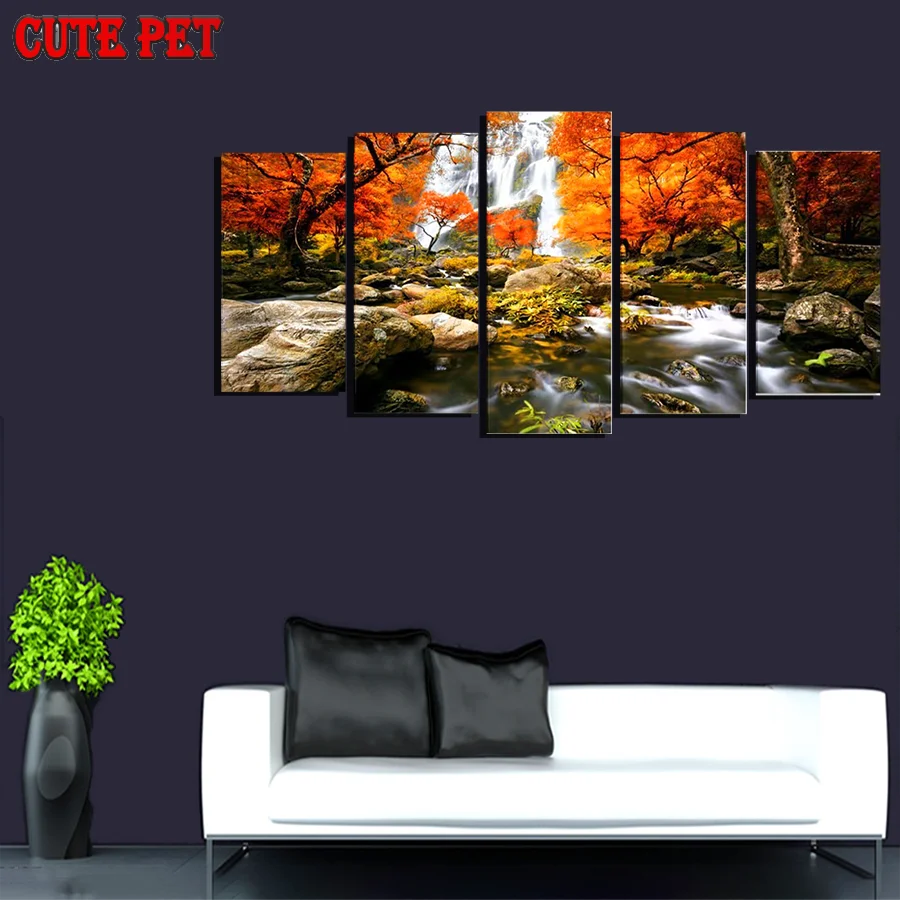 autumn forest waterfall diy Diamond Painting 5D diamond mosaic full square drill embroidery cross stitch scenery 5PCS home decor