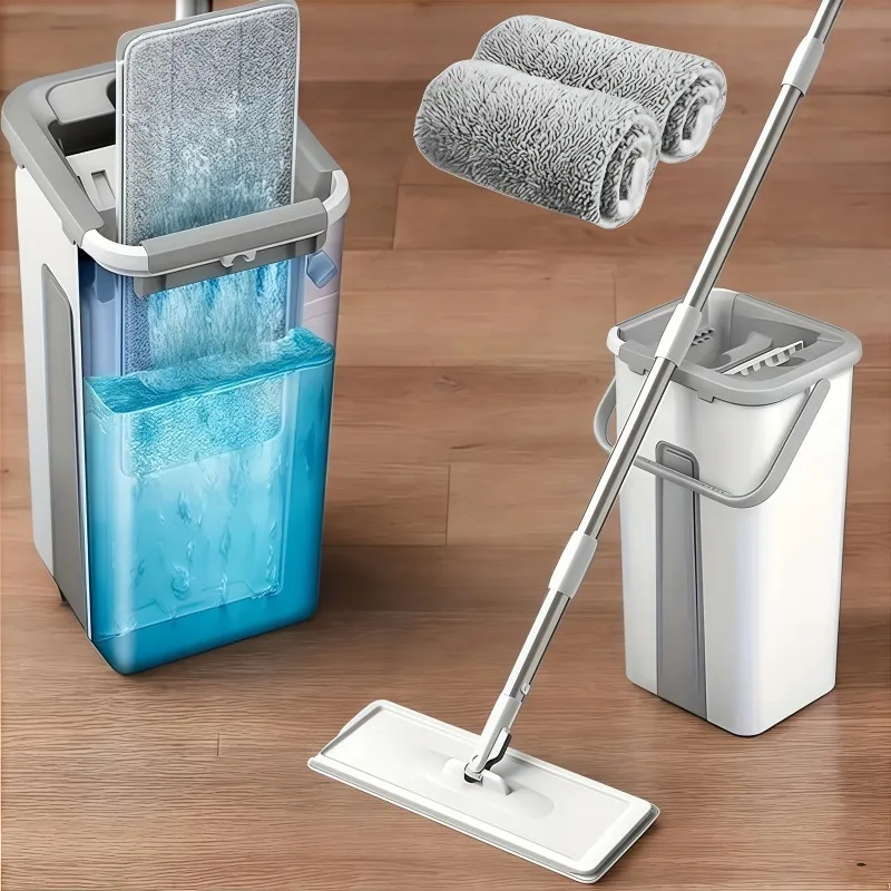 

Hands-Free Flat Mop & Bucket Set – 4 Reusable Microfiber Pads, 360° Swivel, Long Handle, Floor & Wall Cleaning