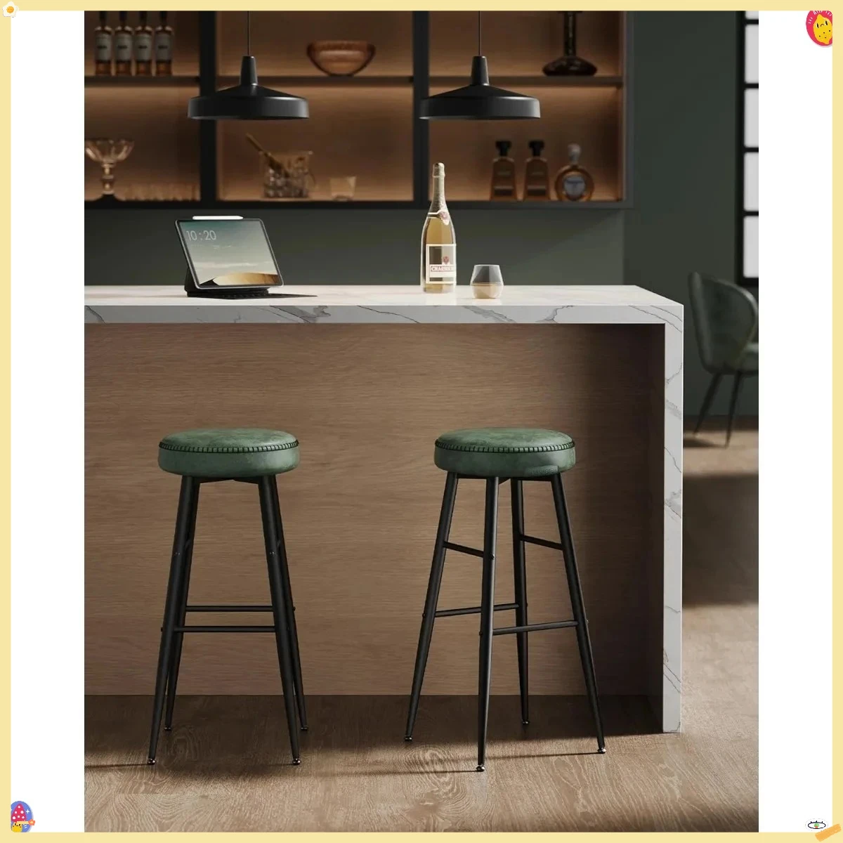 Conjunto de 2 bancos de bar, bancos de bar de altura, bancos de balcão de cozinha, bancos de balcão sem encosto modernos de meados do século