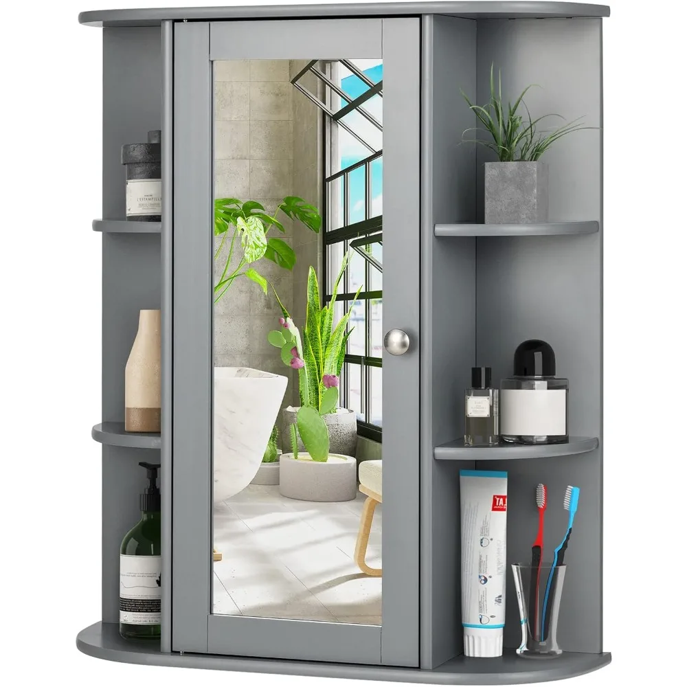 

Wall Mounted Bathroom Cabinet - Storage Organizer with Mirror Door, Adjustable Shelves & 6 Open Racks, Space-Saving Hang