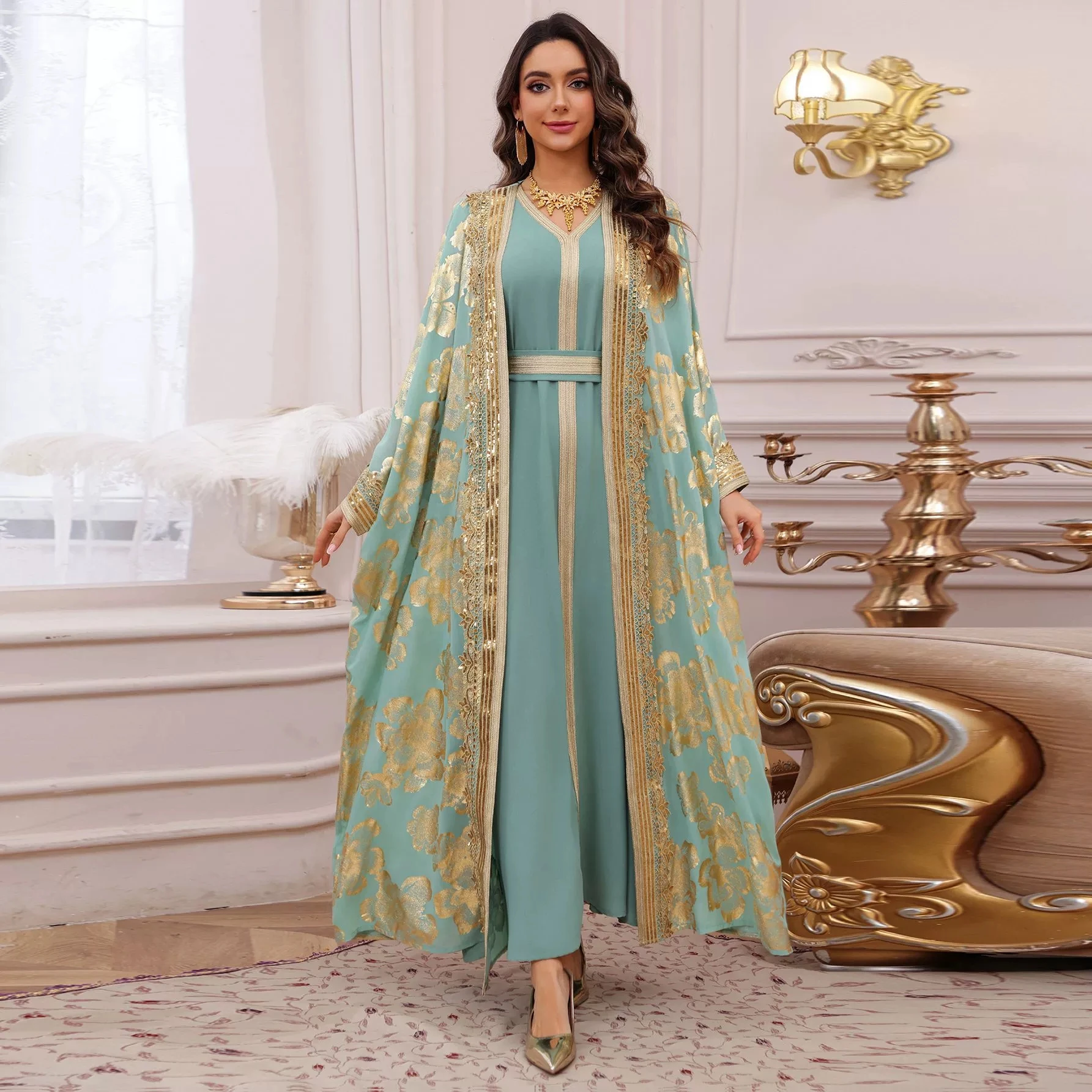 

Middle East Ramadan Muslim Luxury Fashion Arab Hot Stamped Robe Two Piece Dress Trendy Party Jalabiya Dubai Islamic Robe