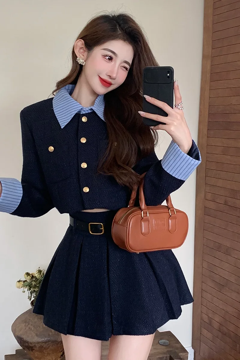 Women\'s 2023 Autumn and Winter New French Style Suit Jacket Skirt Set Casual Fashion Short  Top Pleated  Two-piece