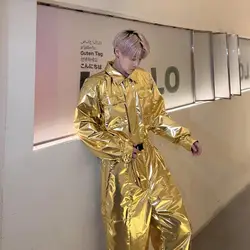 Mens PU Leather Gold Silvery Overall Bodysuit Jumpsuit Biker Style Suit Plain Color Long Sleeve Party Stage Clothing Male XXL