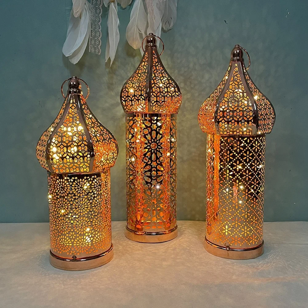 

2024 Moroccan Golden Hollow Iron Lantern Ramadan Lantern Eid Mubarak Home Decoration Party Supplies Ramadan Gifts