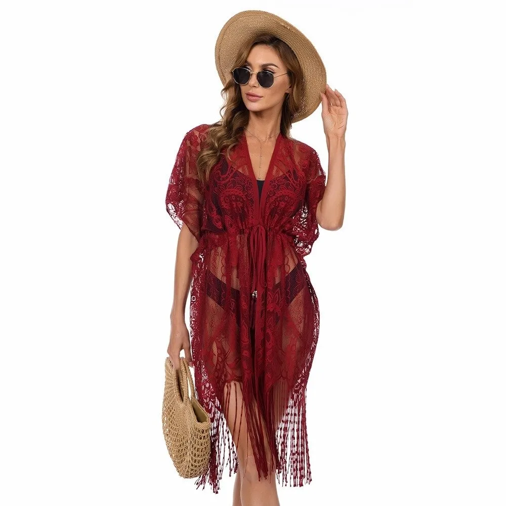 Fashion Lace Mesh Sunscreen Beach Cover Up Floral Tassel Bohemian Shawl Plus Size Transparent Swimsuit Cover Up Women view 4