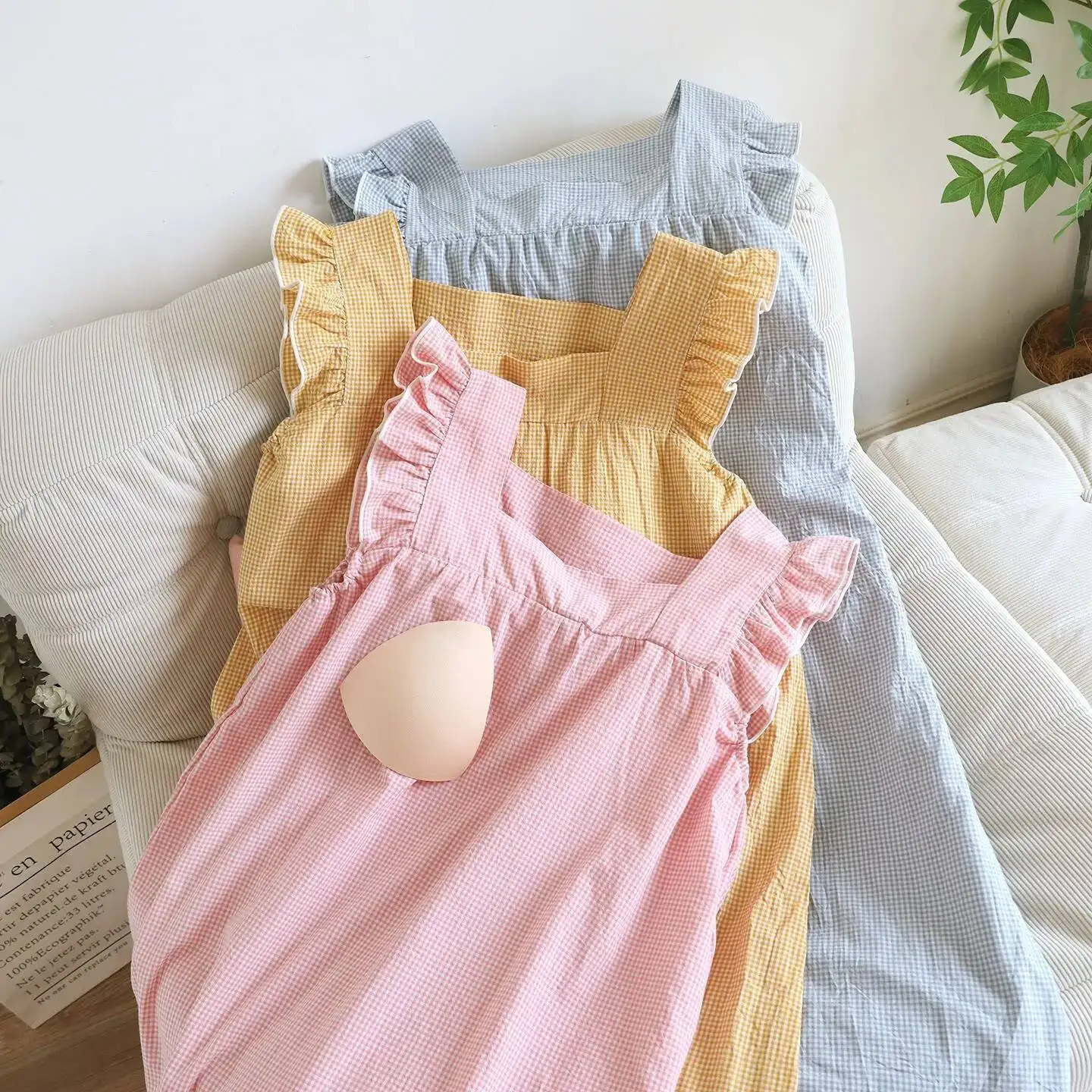 فستان باما بدون أكمام للسيدات للربيع والصيف بتصميم منقوش من القطن الرقيق مع وسادة صدر، ثوب نوم جميل