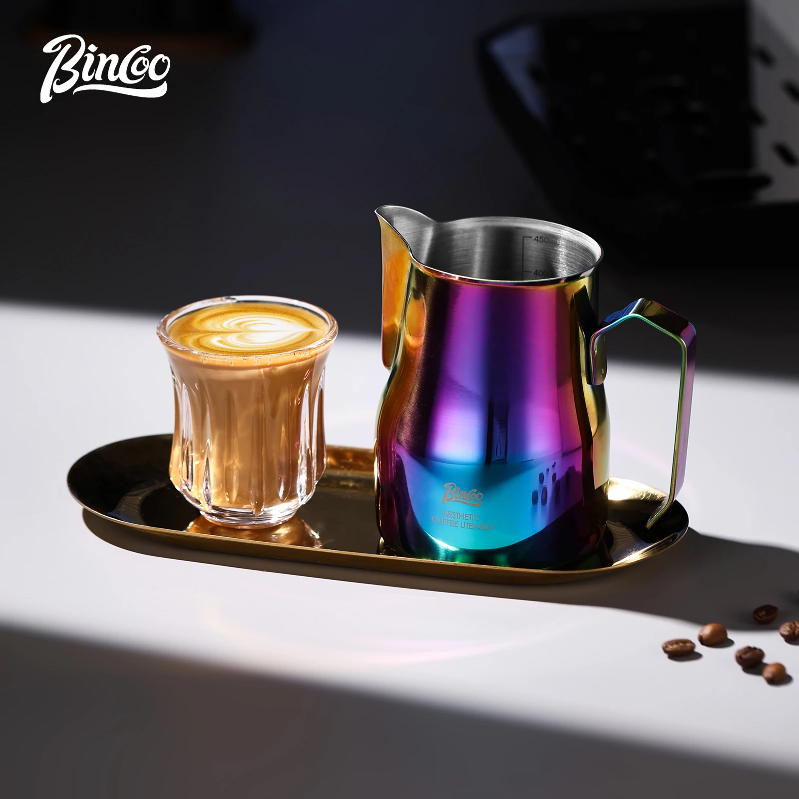 Bincoo Thick Stainless Steel Milk Frother 300ML/450ML Wide Belly Latte Art Pitcher with Measurement Marks Professional Tool