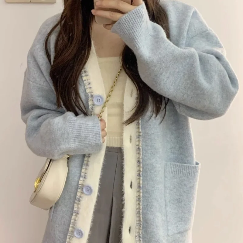 Advanced age-reducing soft waxy coat, autumn and winter new loose temperament blue sweater, sweet sweater cardigan