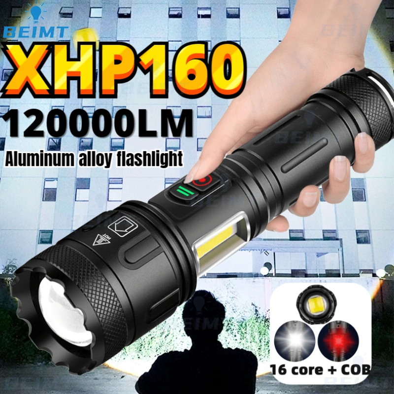 990000LM XHP360 LED+COB White/red Light Outdoor Strong Light Flashlight USB-C Charging Aluminum Alloy with Side Lights LED Torch