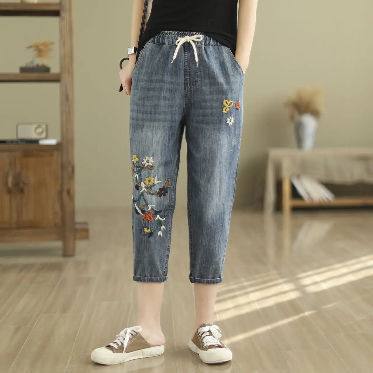 Jeans High Waist Women Retro Straight Trousers For Female Ankle Length Pants Elastic Waist Pant Hole Embroidered Jeans