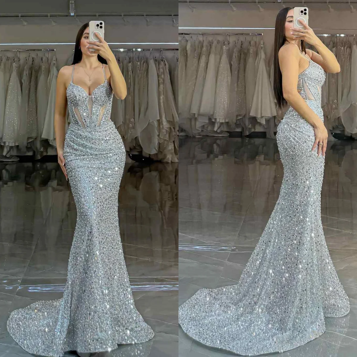 Stunning Spaghetti Straps Prom Gowns Sequins Floor Length Formal Evening Dresses Special Occasion Party Customized Dresses