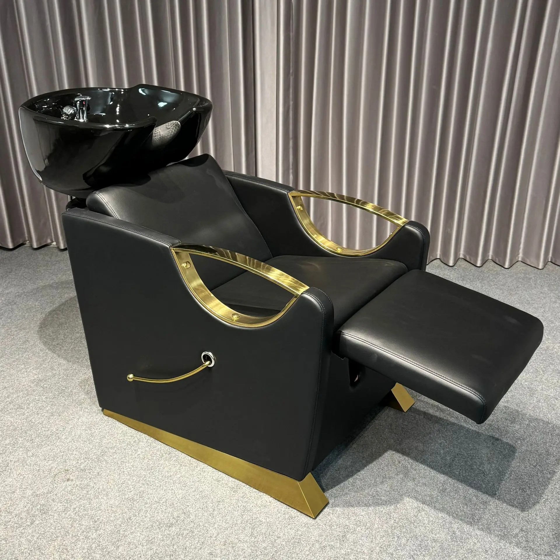 New Design Backwash Massage Shampoo Chair Hair Salon Beauty Salon Shampoo Chair and Bowl Hair Salon Furniture Set Black and Gold