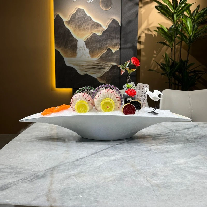 High-end ceramic salmon sashimi plate creative seafood tableware carved seafood dark blue