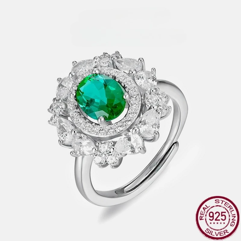 

New S925 pure silver cultivated emerald ring, retro European and American style wedding jewelry