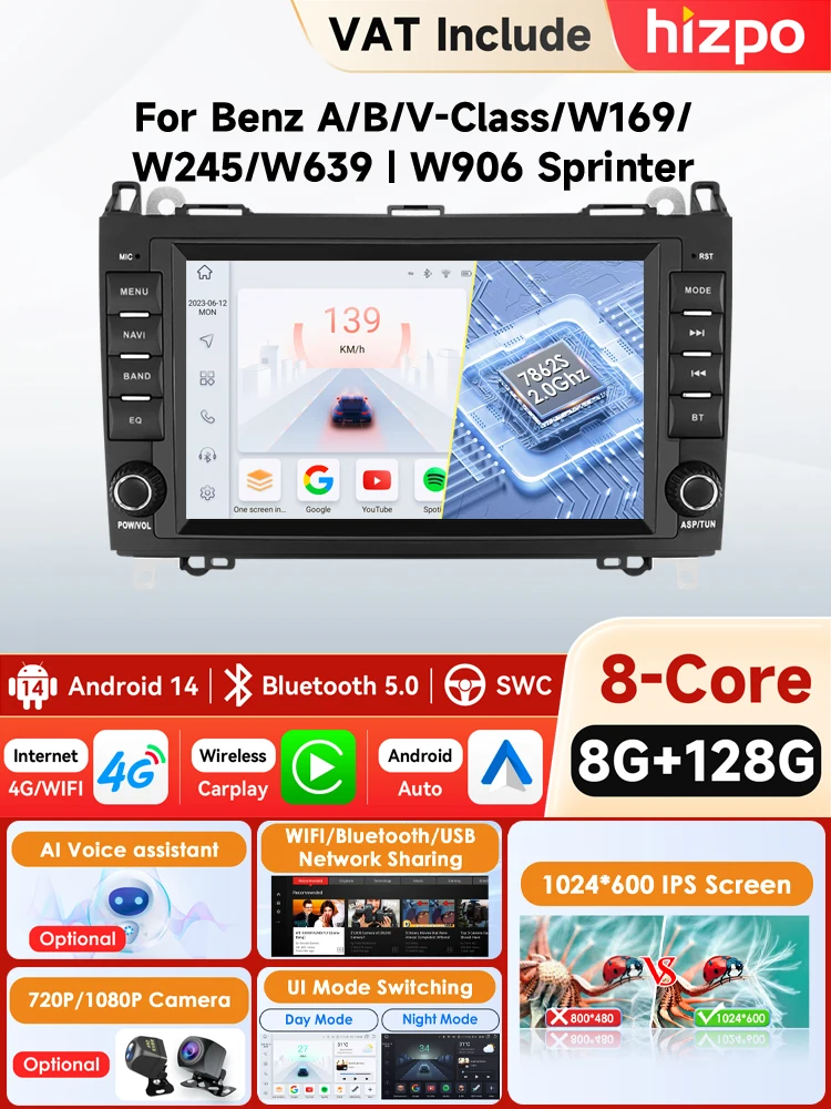 Hizpo GPS Stereo Android autoradio voor Mercedes Benz W169 W245 B200 W906 Sprinter W639 Vito CarPlay Auto Intelligent Systems 4G - afbeelding 2