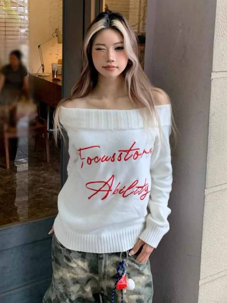 

Y2K Harajuku Эстетический свитер с открытыми плечами и принтом большого размера, женский осенне-зимний повседневный вязаный свитер, тонкие пуловеры, уличная одежда