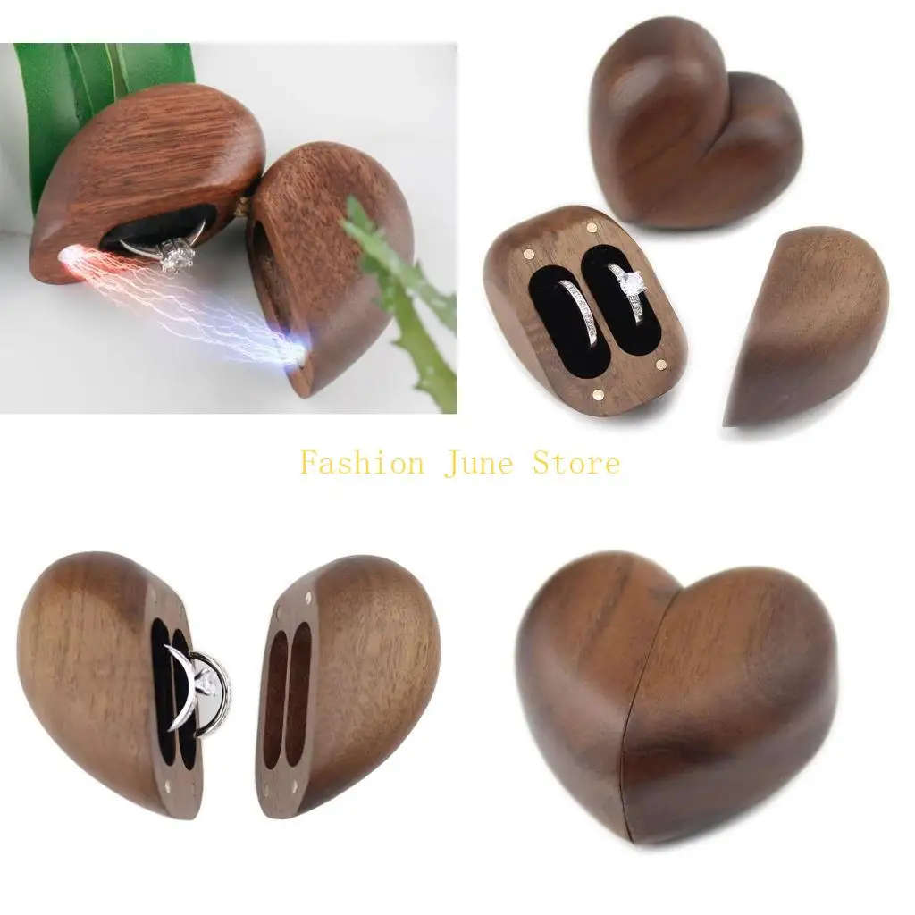 

N5KA Wedding Exchange Pair Ring Box Diamond Love Heart Ring Box Black Walnut Jewelry Box Heart-shaped Wooden Box