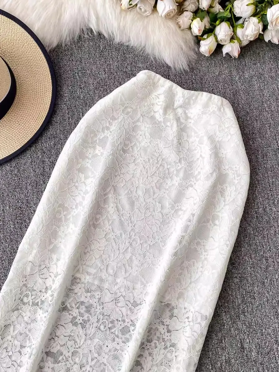Foamlina 2025 Summer High Waist Slim Fit Bodycon Midi Skirt Women High Quality White Lace Hot Girl Elegant Half Skirt Vintage