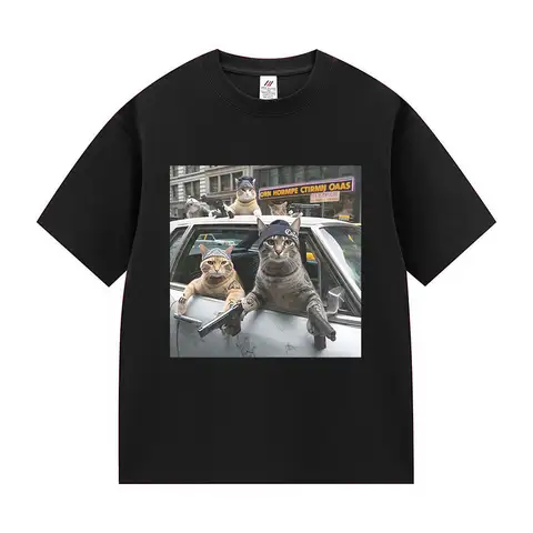 Funny Cat Gang Vintage Graphic T Shirts Men's Street Hip Hop Short Sleeve T-shirt Harajuku High Quality Cotton Streetwear Summer