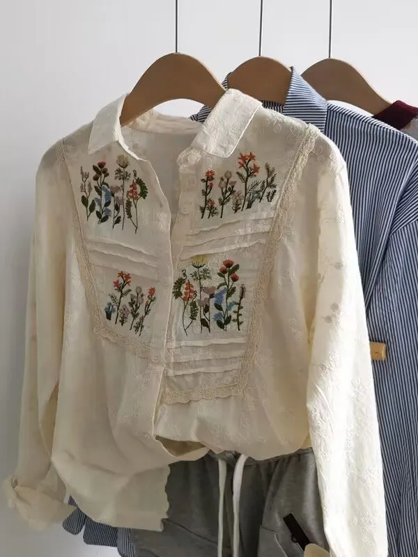 Ele bestickter irt Damen Frühling Herbst Layering Collar Long Sve Slim Fit Korean Sle Commute Faion