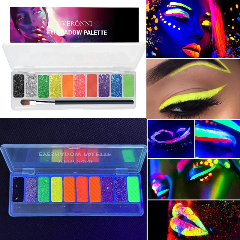 10-Farben Neon Glow in Bright Lidschatten-Palette Buntes Augen-Make-up Pigmentierte Lidschatten-Palette Matte Shimmer Glitter Cosmetic