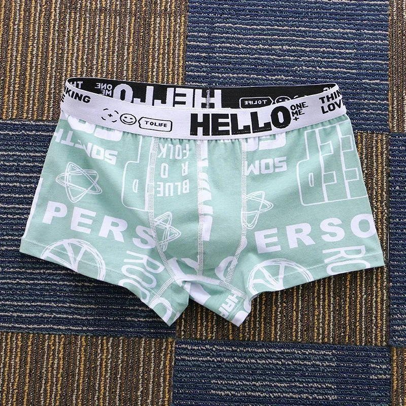 Men\'s Fashion Letter Print Trunks Youth Cotton Breathable Comfy Boxer Shorts Teenager Simple Mid-Rise Bulge Pouch Sports Panties