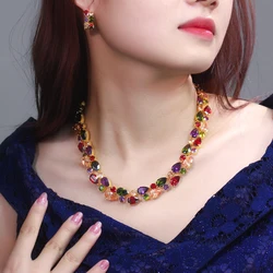 BeaQueen Luxury Bohemian Multicolor CZ Water Drop Round Necklace Earrings Sets for Women Halloween Christmas Jewelry Gifts JS431