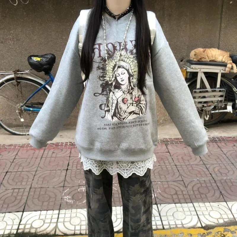 ثقافة فرعية يابانية كم طويل هوديي المرأة ملابس الشارع الشهير عادية البلوز الأمريكية خمر القوطية طباعة س الرقبة ضئيلة 2025 الخريف