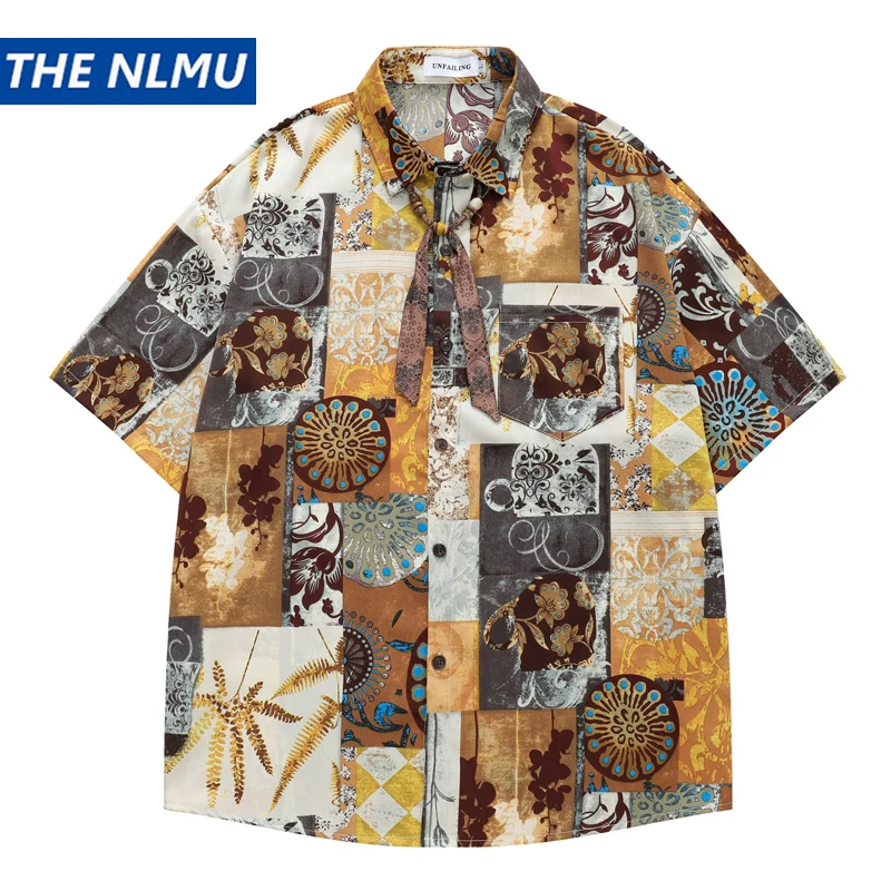 Camisa Boêmia com Estampa e Patchwork para Homens e Mulheres, Top Casual de Verão com Manga Curta, Blusa de Casal Estilo Streetwear