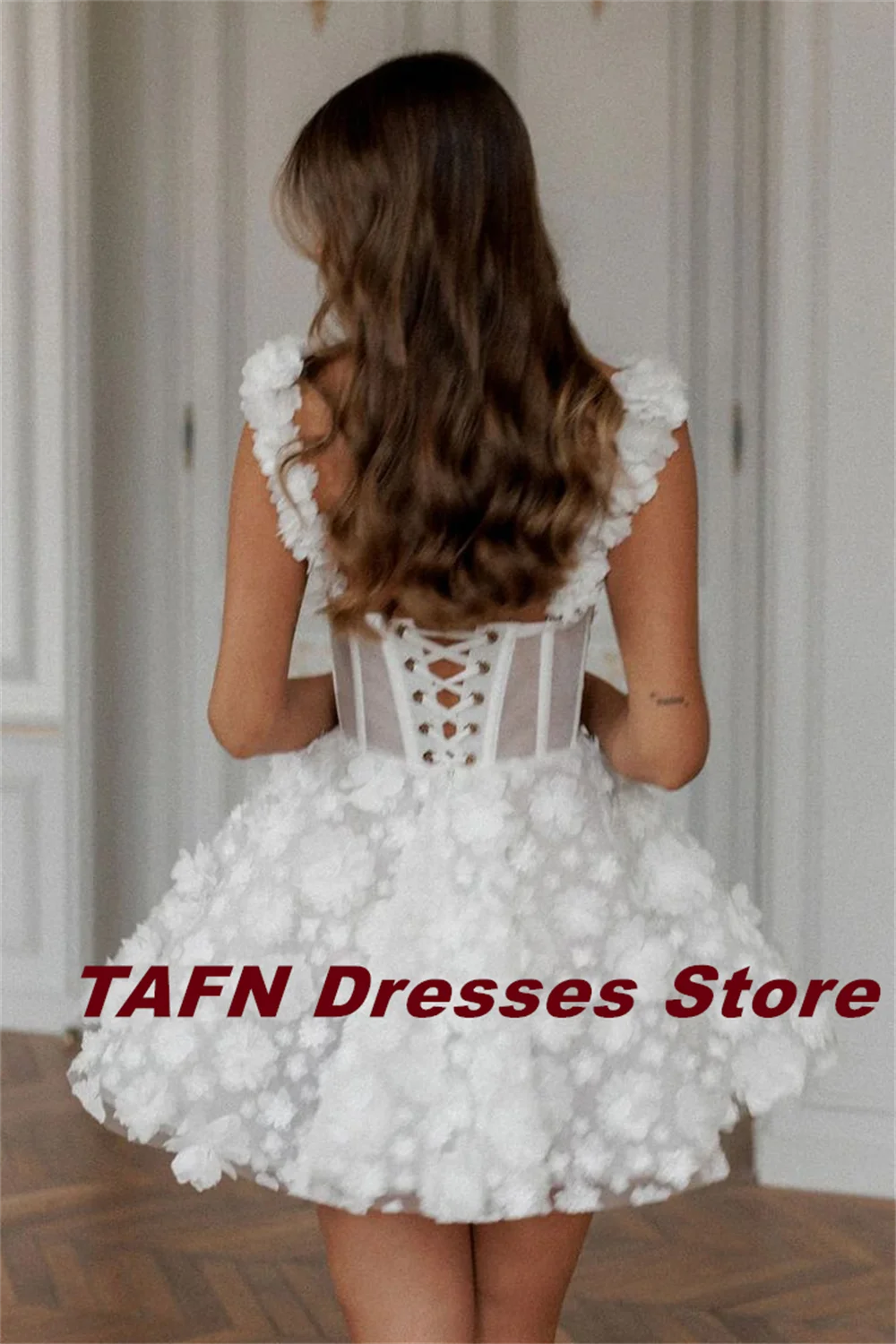 TAFN Spaghetti Straps Short Wedding Dresses Corset Sleeveless A-line Luxury Lace 3D Flowers Bridal Gown Customized