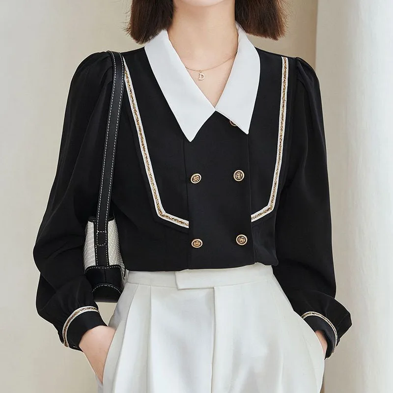 Autumn Temperament Commuting Chiffon Bright Line Striped Office Lady Puff Sleeve Double-breasted Blouse Peter Pan Collar Women