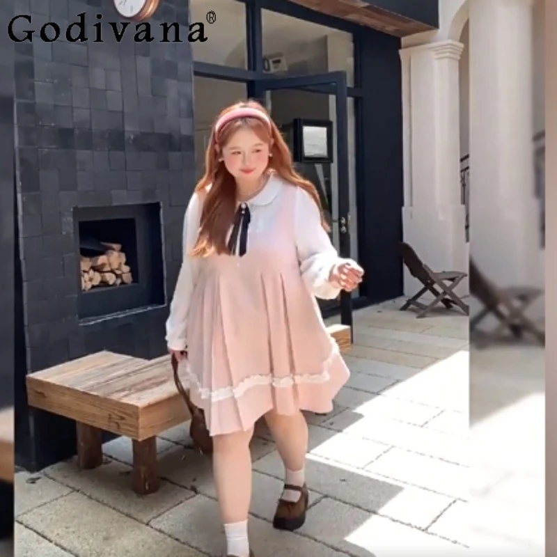 

Autumn Large Size Women Pink Sweet Long Sleeve Dress Fashion High Waist A-line Versatile Age Reduction Peter Pan Collar Dresses