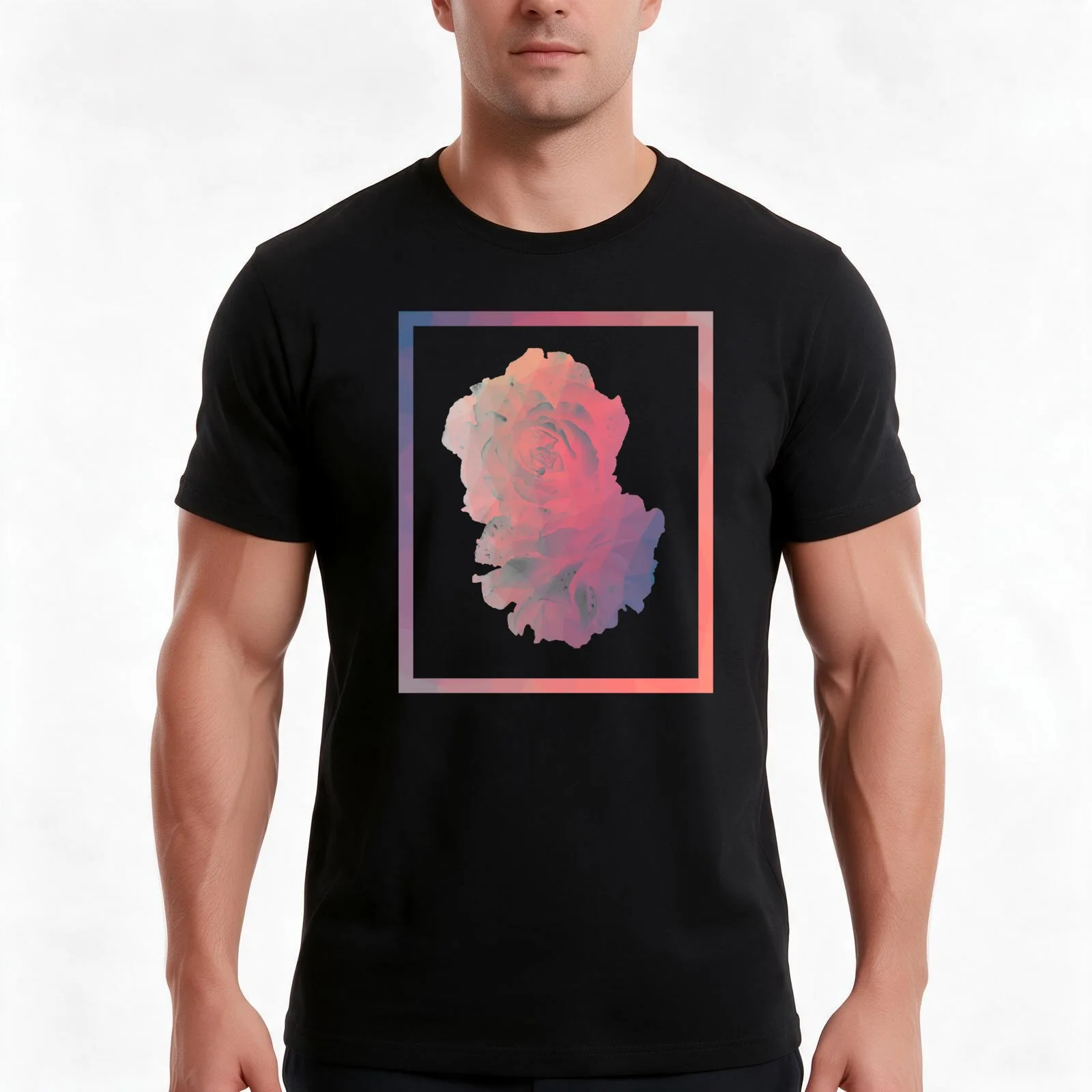 Geometric Pink & Blue Roses Design T-Shirt, Summer Casual Cotton Tee, Oversized Streetwear Tops, Vintage Graphic Print