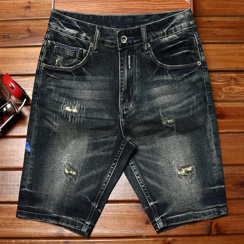 2024new retro biker's denim shorts men's fashion printed stretch slim fit hole & patch fashion brand high-end fifth pants