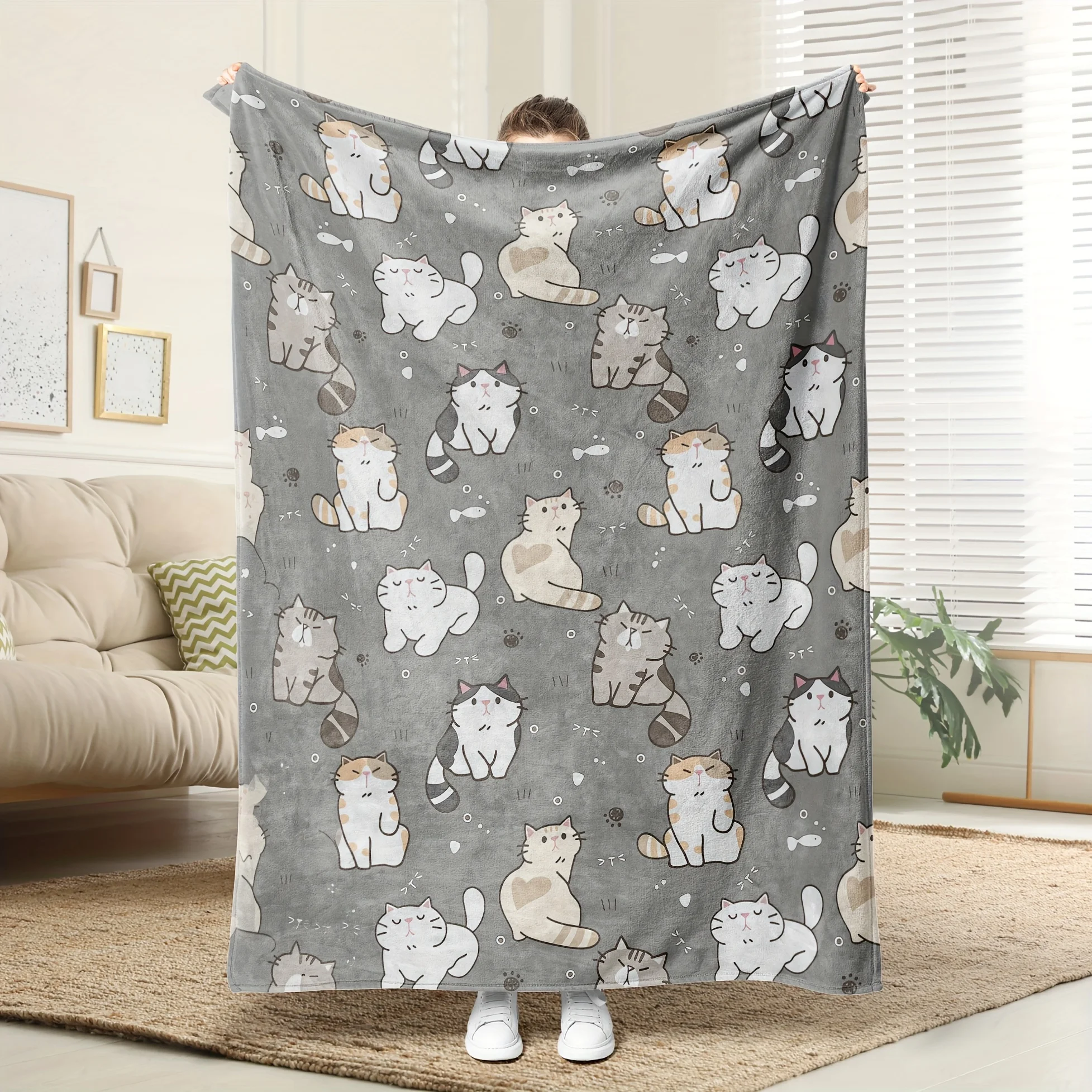Purrfect Comfort Flannel Throw Blanket Soft Reversible All Season Cozy Cat Face Design for Home Decor Gift Cat Lovers